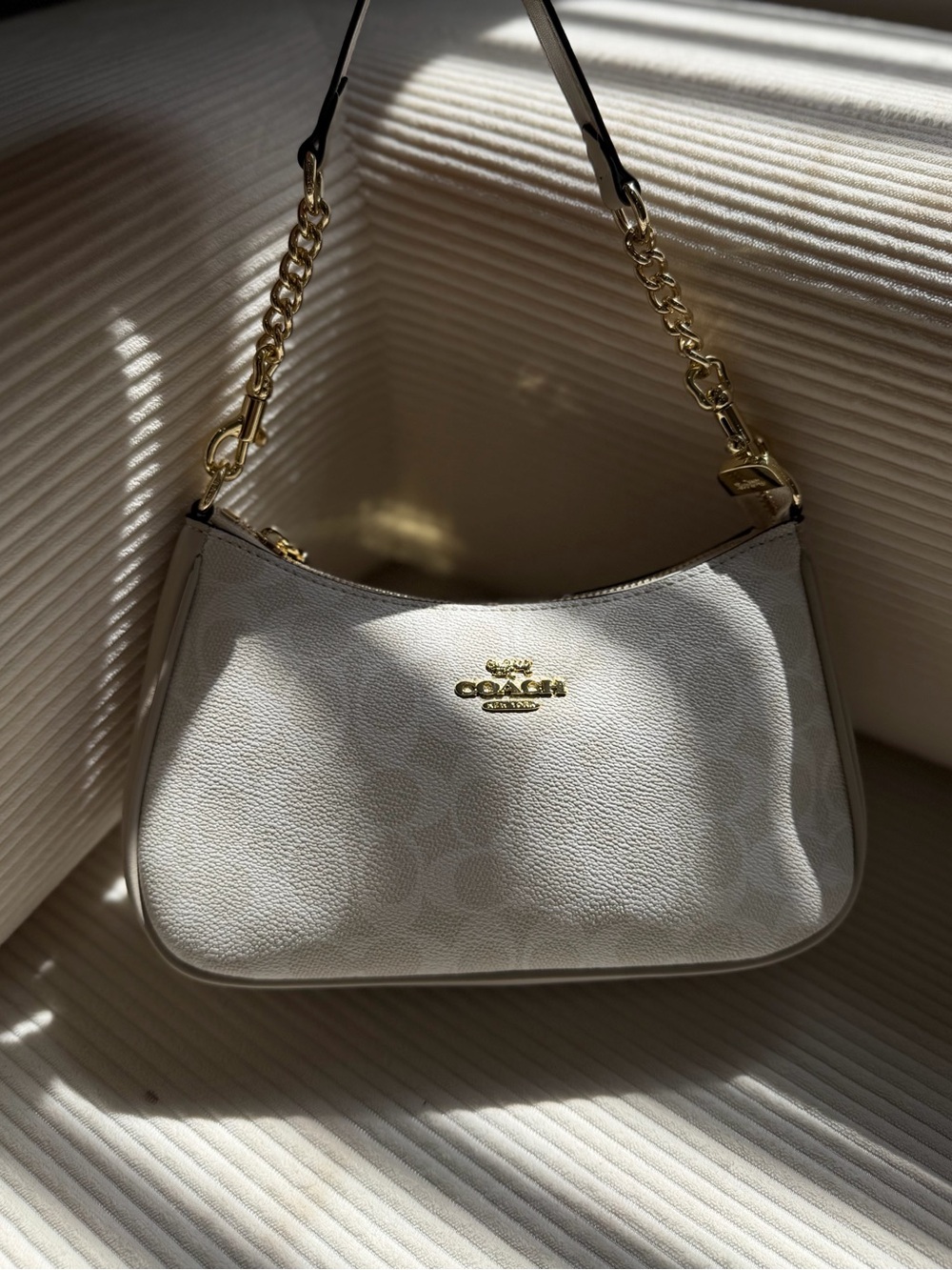 Coach Cream Shoulder Bag with Gold Chain Accent